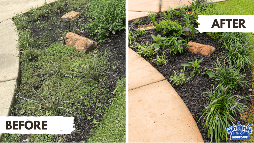 Before and after photograph of a completed landscape job