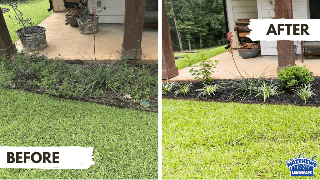 Before and after photograph of a completed landscape job